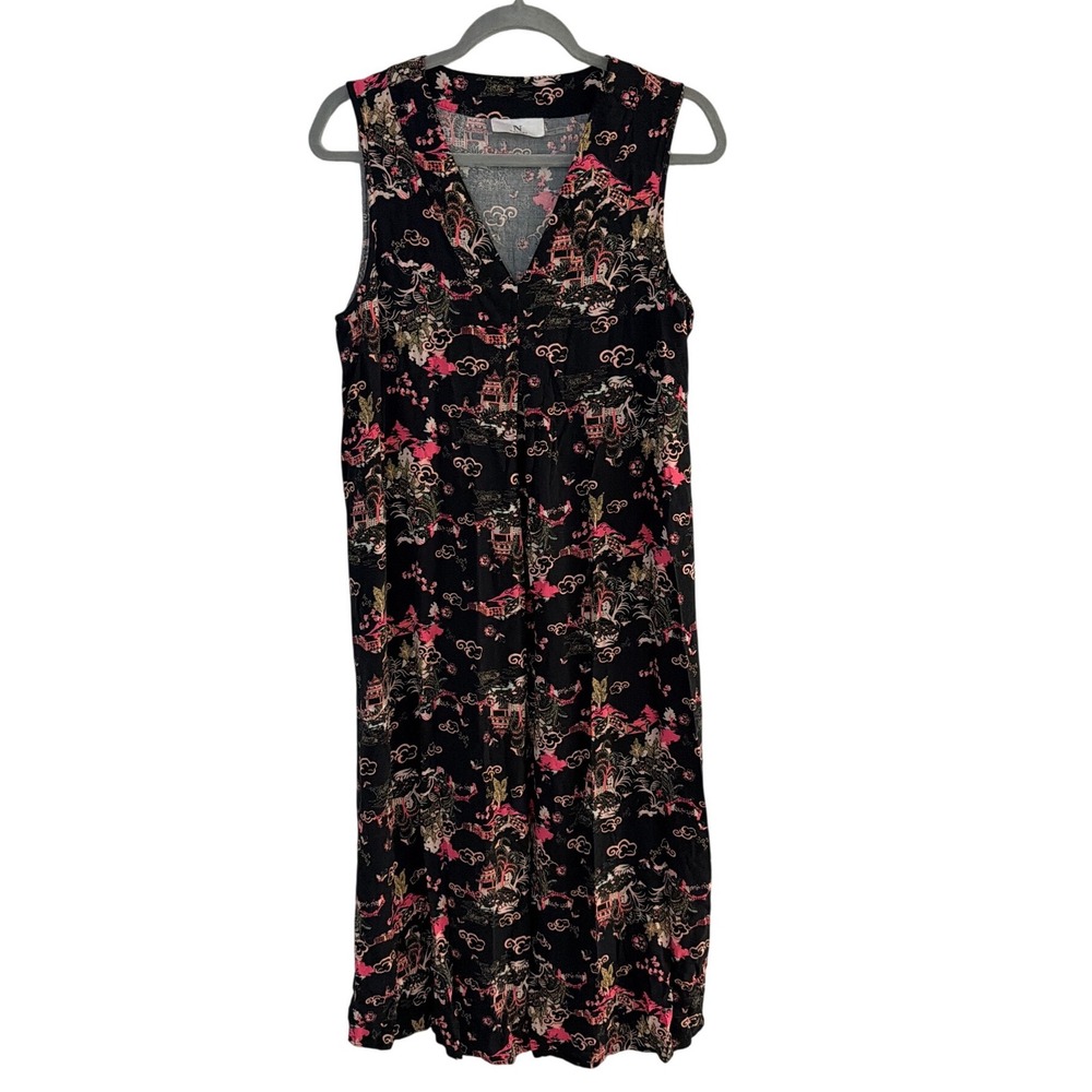 N Natori Womens Black Pink Chinoiserie Pagoda Print Rayon Midi‎ Dress Size M